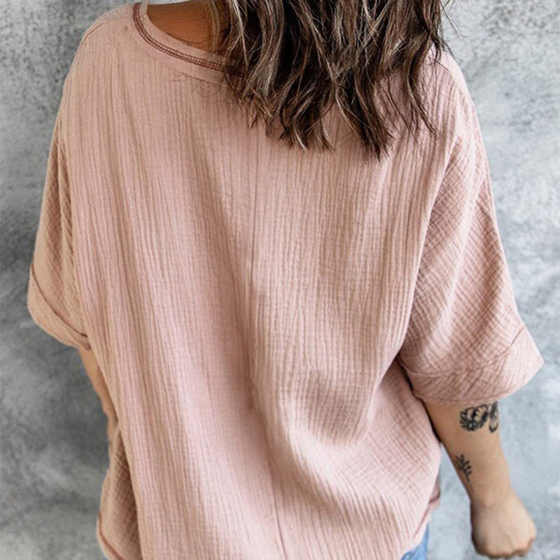 Spring And Summer New Shirt Fashion V-neck Pocket Split Half Sleeve Top For Women Ins