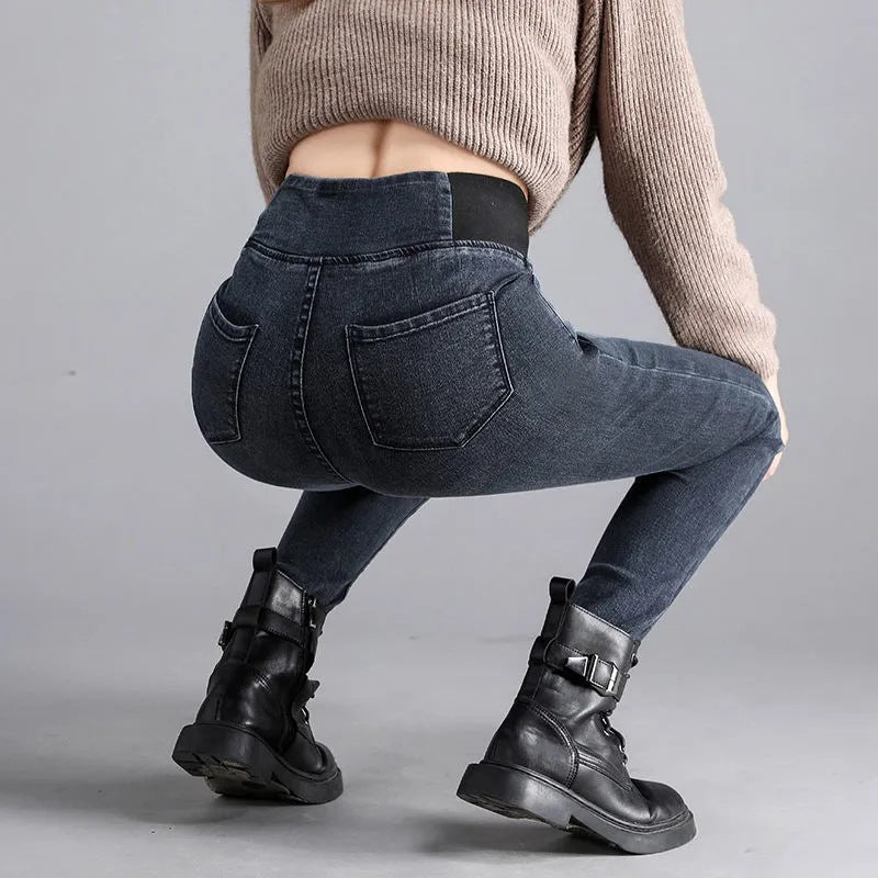 Womens High-waisted Skinny Jeans With A Stretchy Elastic Waist And Cozy Fleece Lining