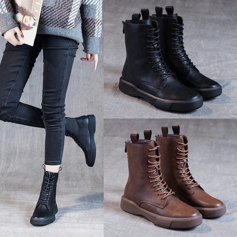 Flat Heel Retro Low Leather Boots Soft Bottom Lace Up Back Zipper