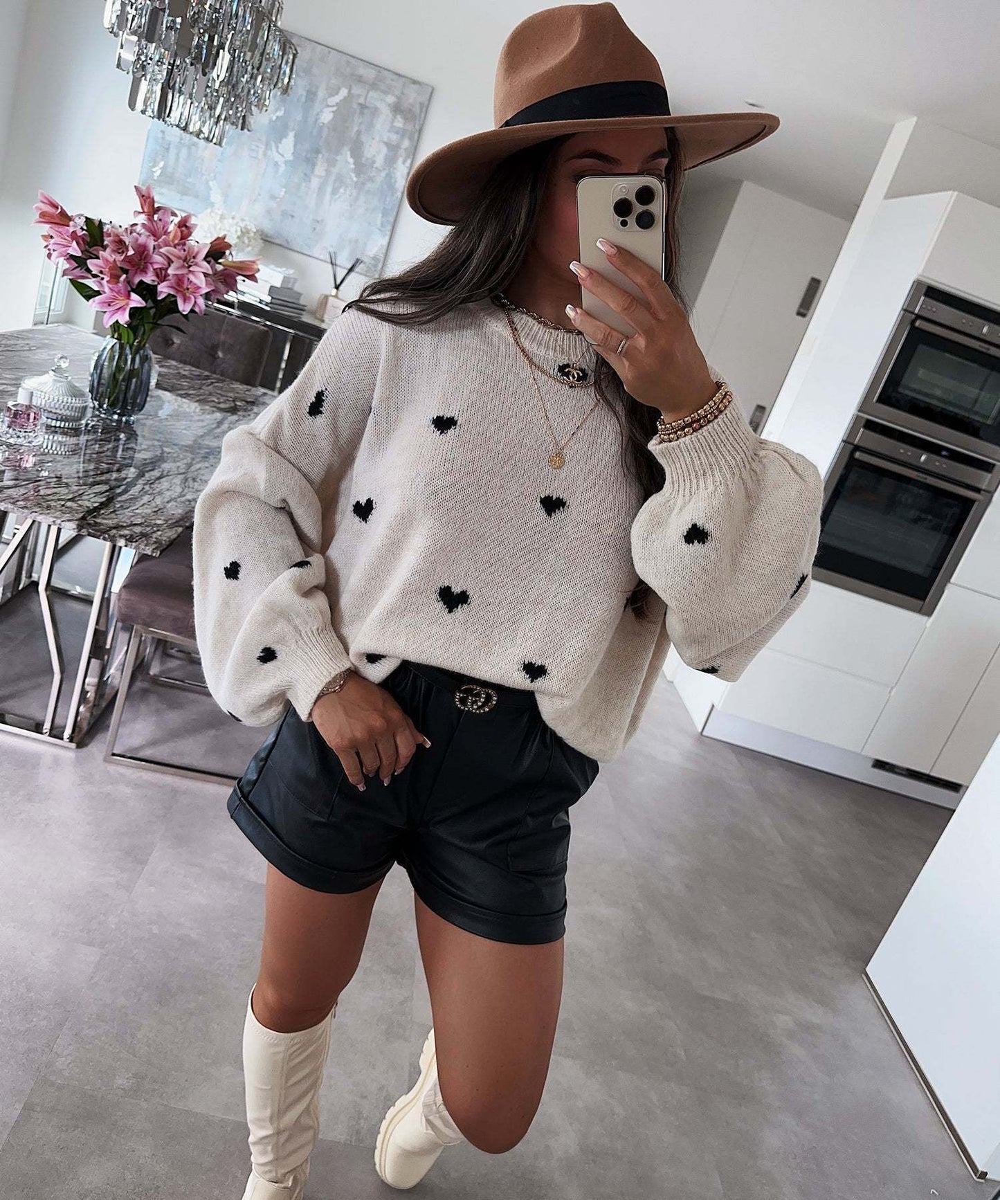Female With Hearts Loose Sweater Pullover Long Sleeve Sweater
