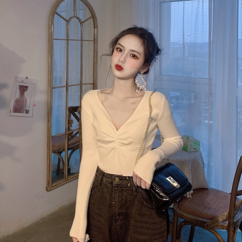Pleated V-neck Knitted Bottoming Shirt Long Sleeve Sweater