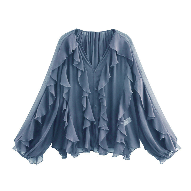 Women's Laminated Fashion V-neck Long Sleeve Shirt