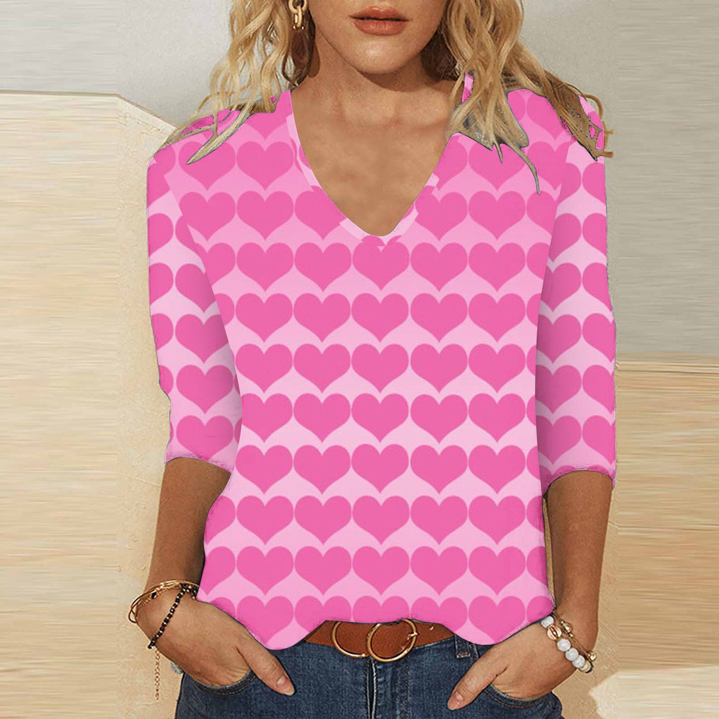 3D digitaltryk Valentinsdag Hjerteprint Kvinders søde afslappede løse V-hals 3/4-ærmet T-shirt
