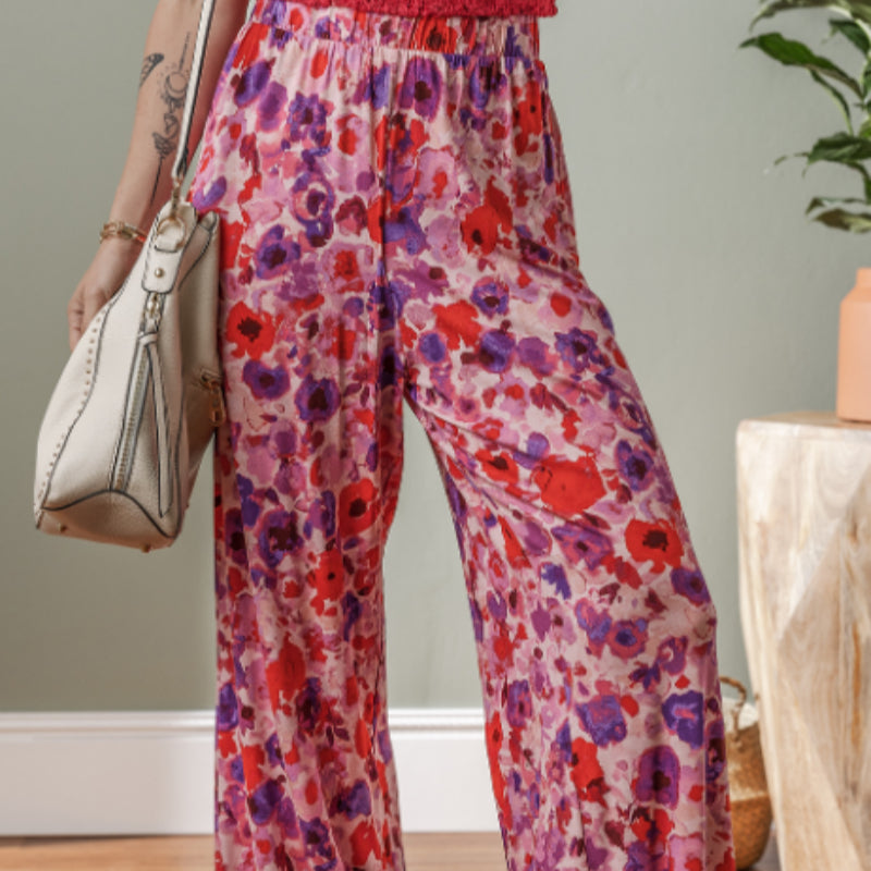 Purple Floral Wide Leg Elastic High Waist Pants