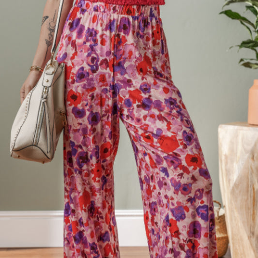Purple Floral Wide Leg Elastic High Waist Pants
