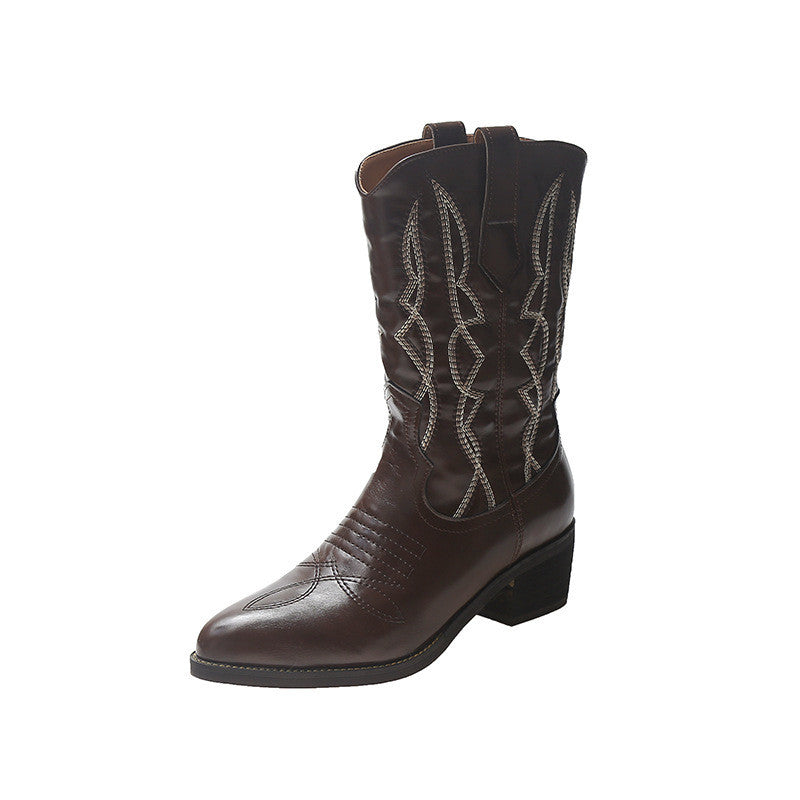 Pointed Toe Thick Heel Mid-tube Colorblock Martin Boots