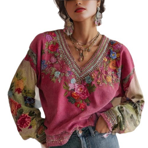 Womens Floral Embroidered Printed V-Neck Long-Sleeve Top