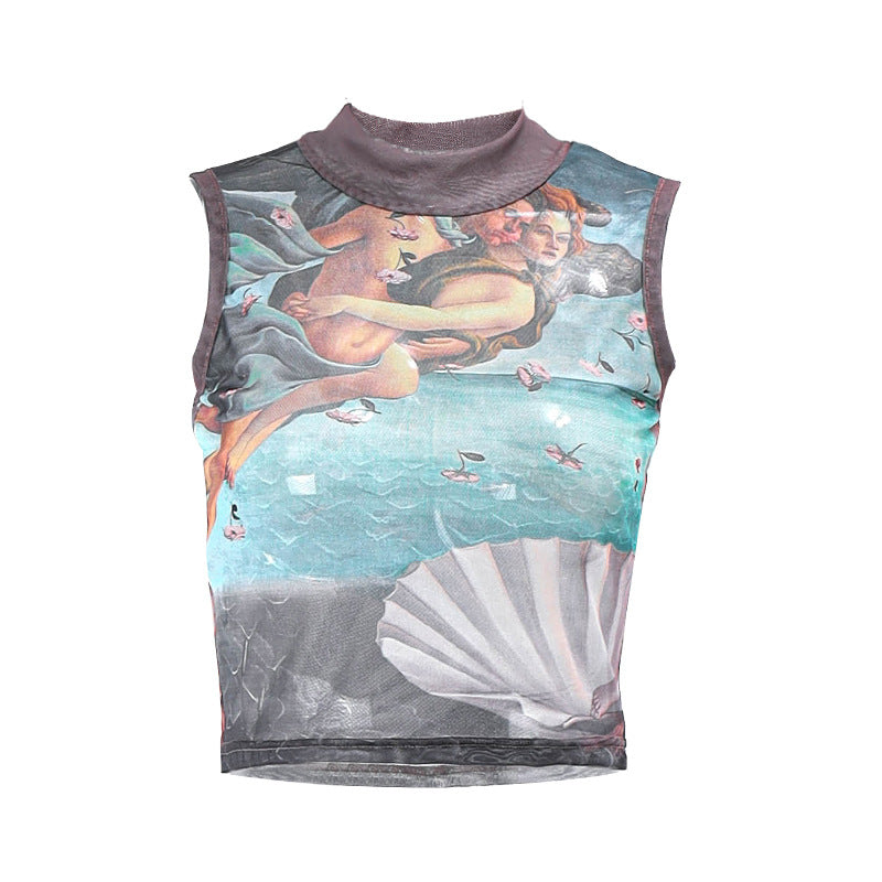 Afslappet vintage cropped tanktop med rullekrave og abstrakt print