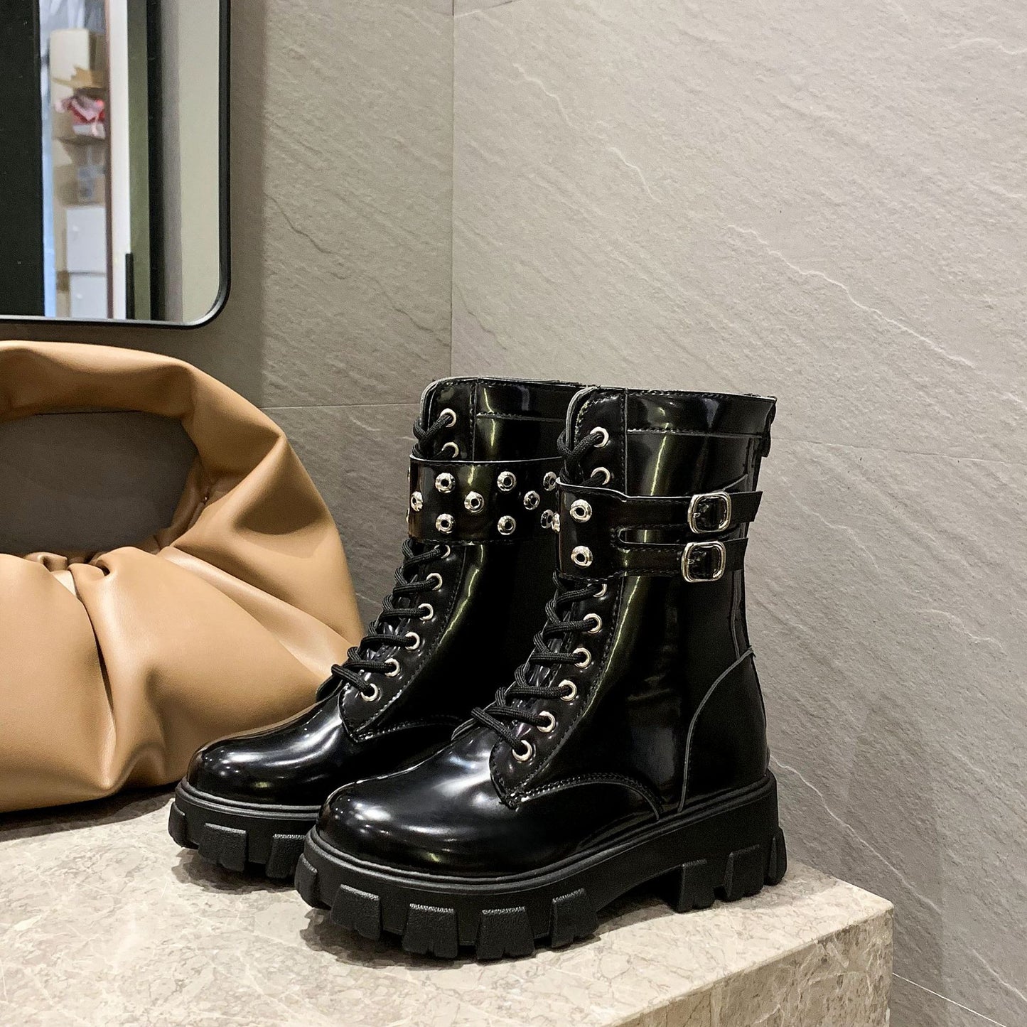 Platform Martin Boots With Round Toe Belt Buckle