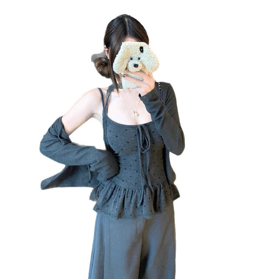 Elegant Long-sleeve Cardigan Jacket Paired With A Camisole