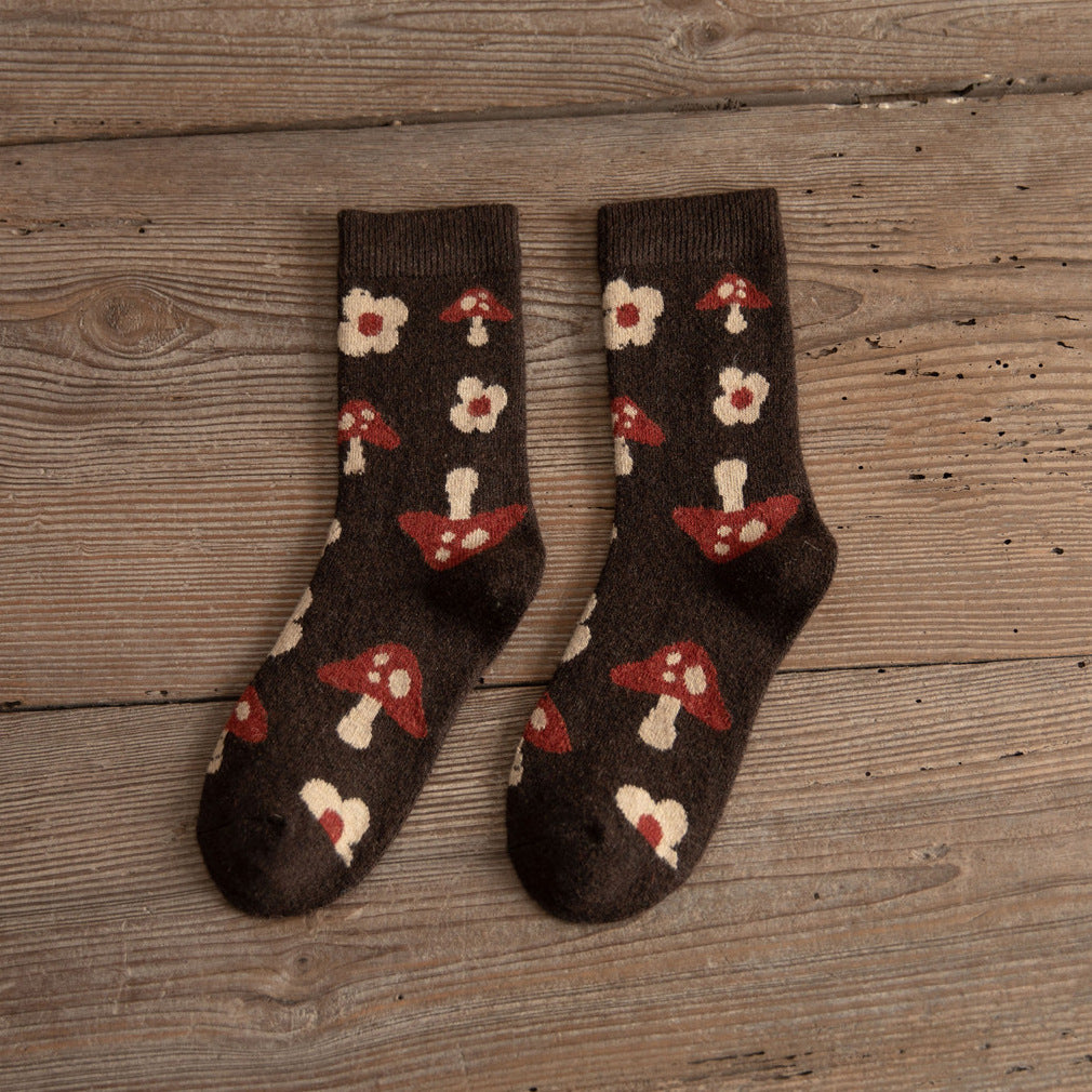Medium Tube Thickened Brown Small Mushroom Wool Women's Socks