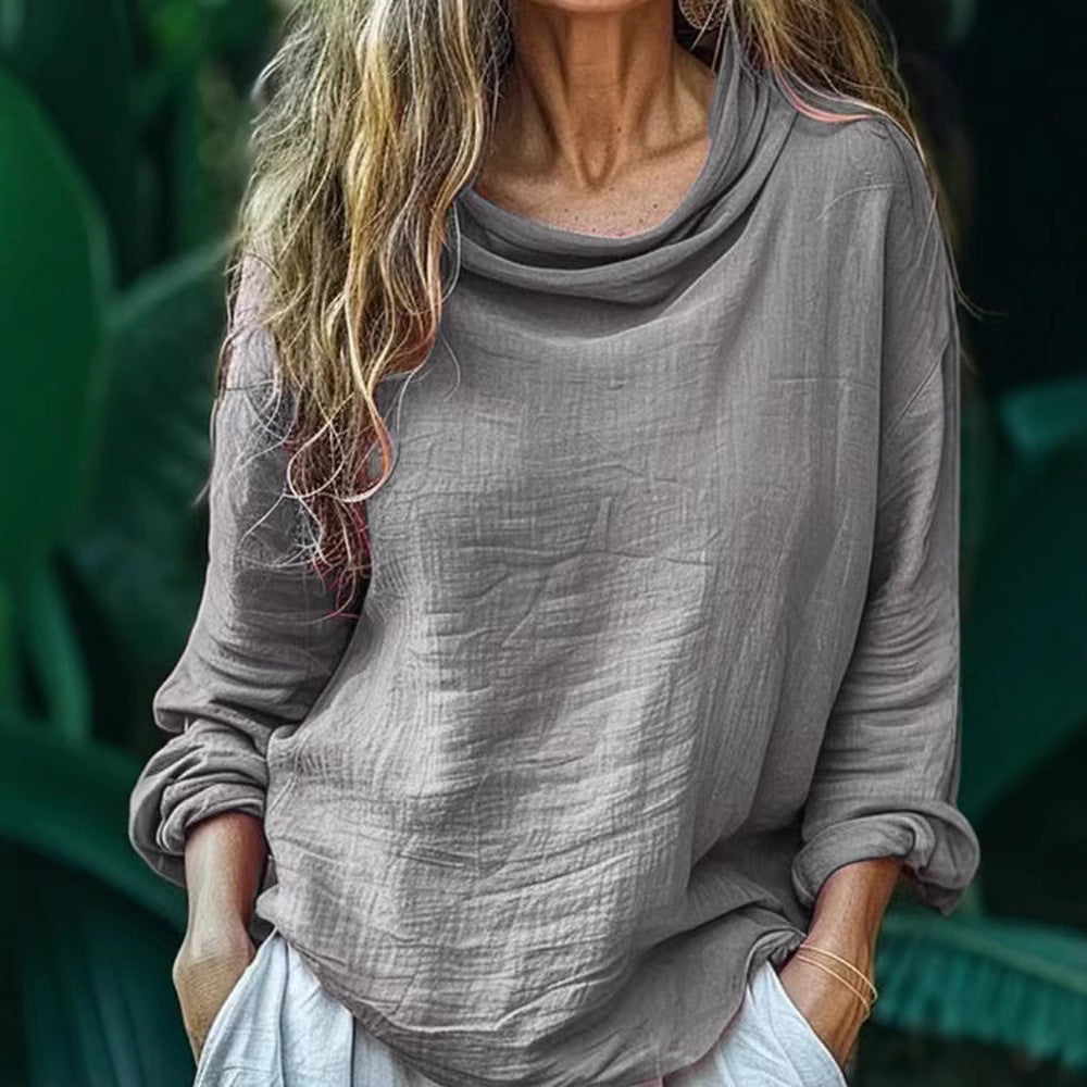 Spring Women's Casual Loose Fashion Long Sleeved Solid Color Pile Collar Pullover Pleated Top