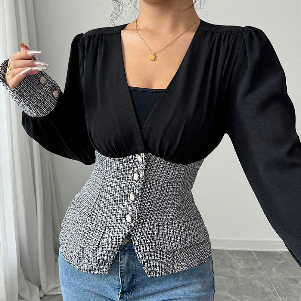 Knitted Tweed Halter V-neck Open-back Waist-cinching
