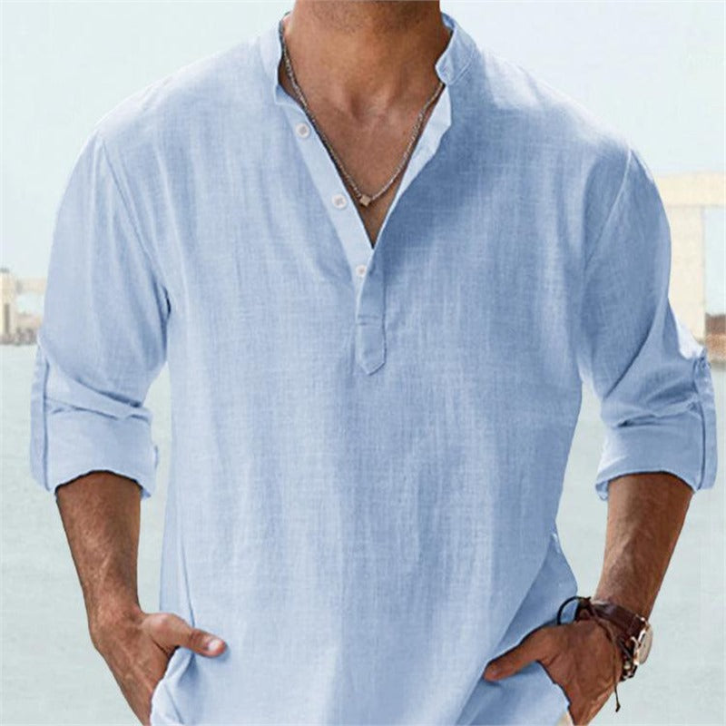 Casual Loose Lapel Cotton Long Sleeve Solid Color Men's Shirt