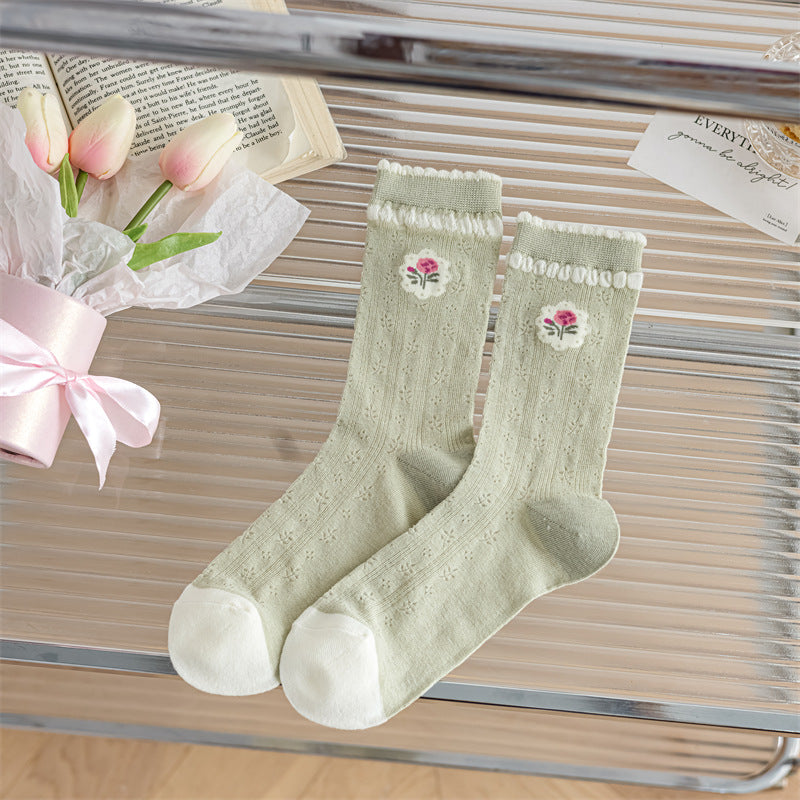 Green Powder Small Floral Glass Silk Pile Women's Socks