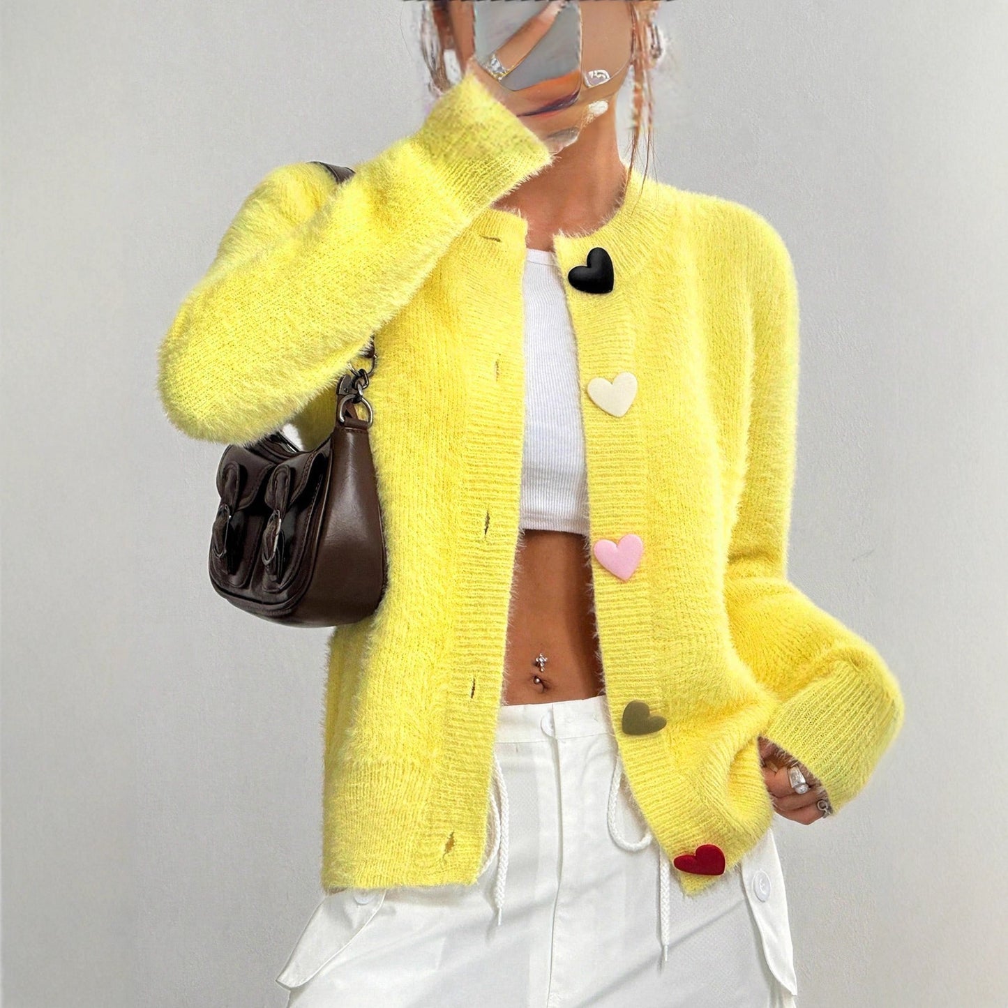 Crew Neck Casual Color Heart-shaped Button Sweater