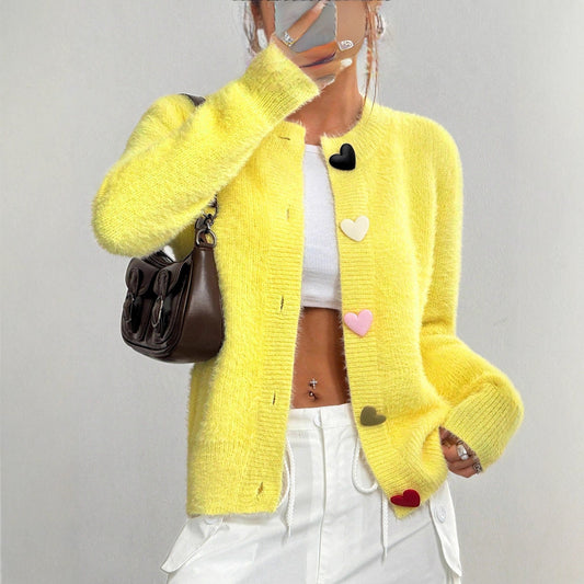 Crew Neck Casual Color Heart-shaped Button Sweater