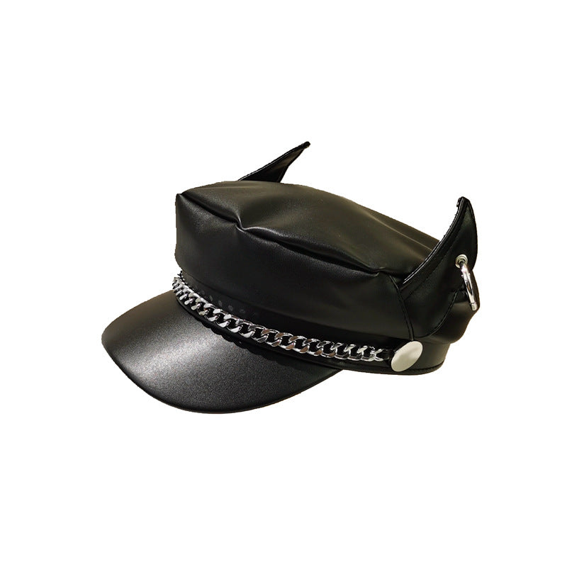 Chain Dog Ears Peaked Cap Female Autumn And Winter PU