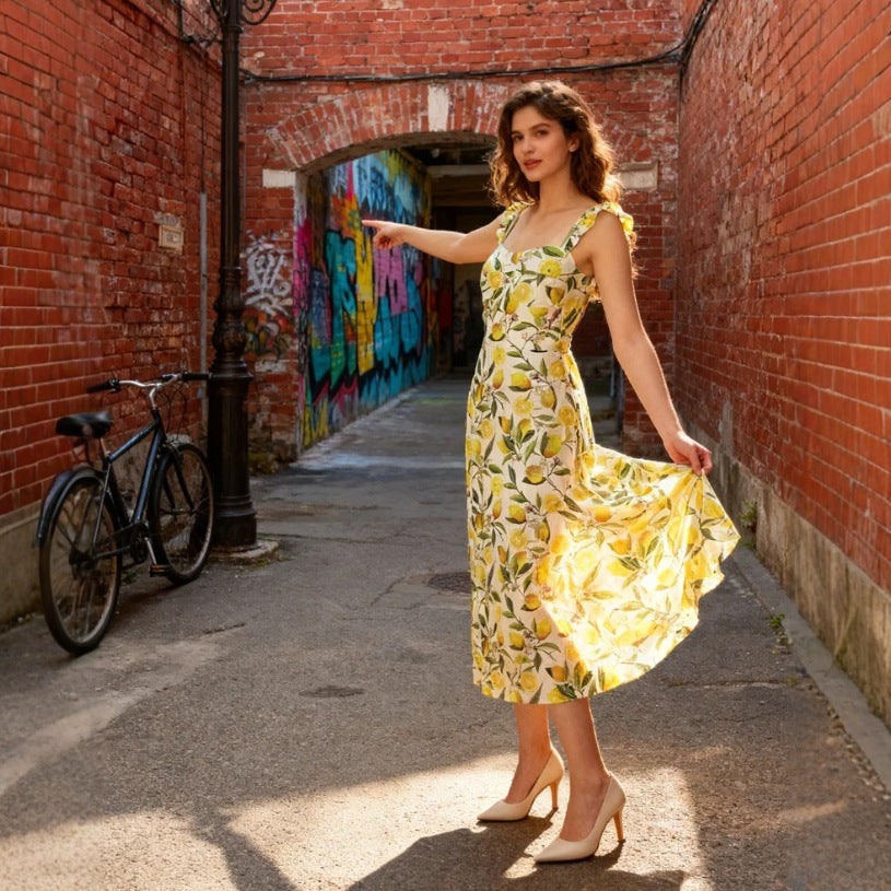 French Style Floral Strap Mid Length Split Womens Dress