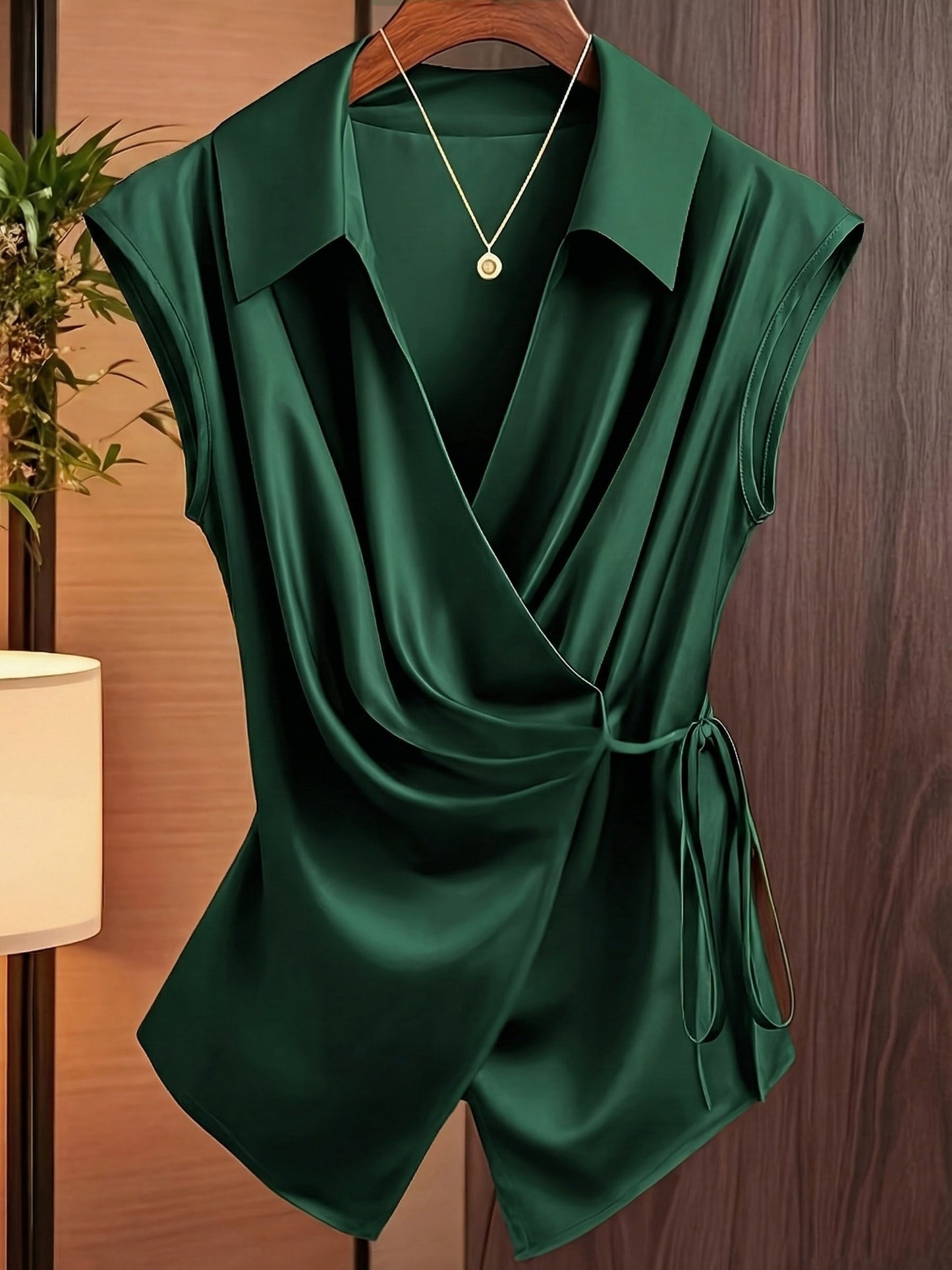 Womens Notched Collar Irregularly Tied Waist Sleeveless Shirt