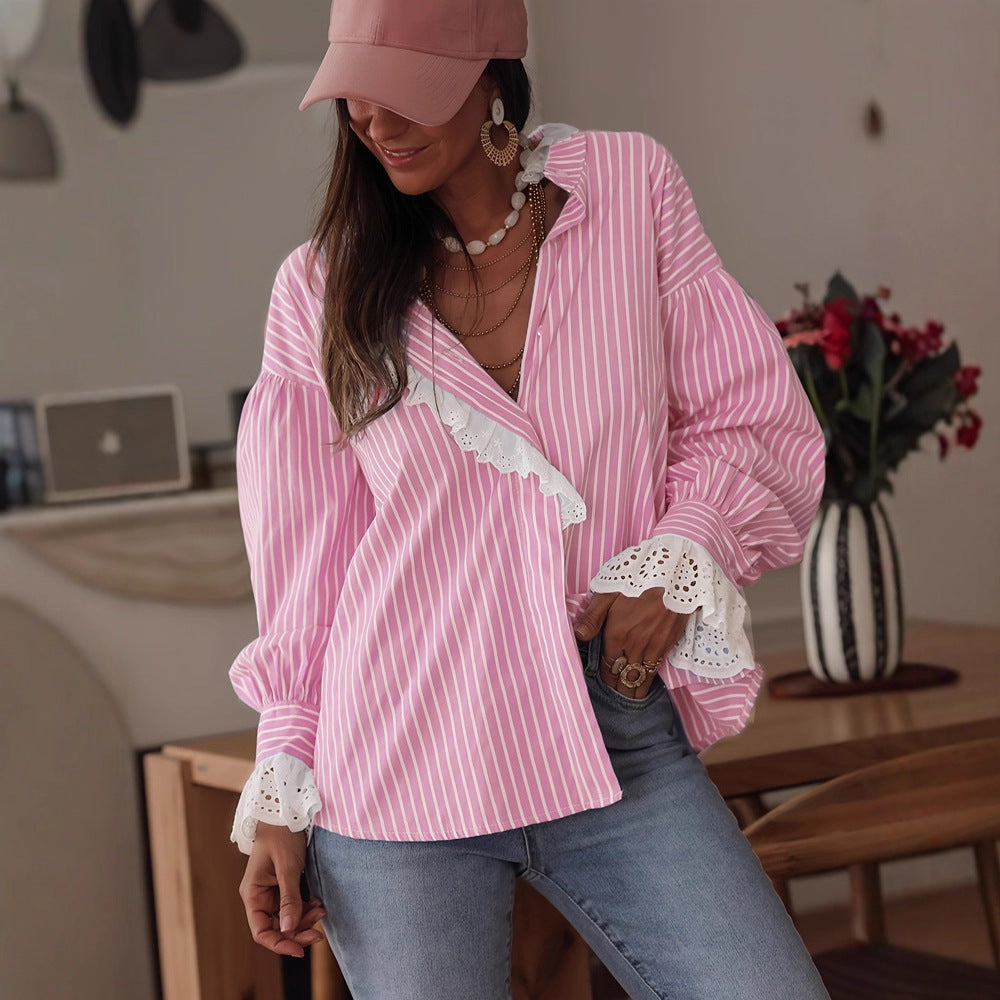 Korean-style Elegant, Effortless Striped Lace-Patchwork Womens Shirt