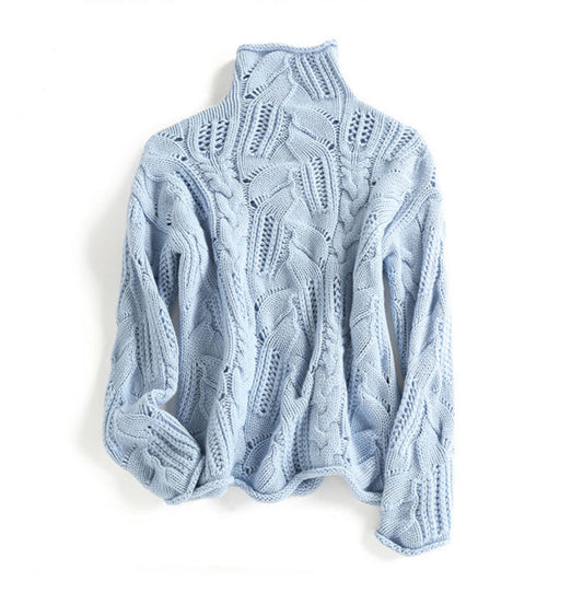 High Neck Thickened Hollow Crochet Loose Knitted Pullover Sweater