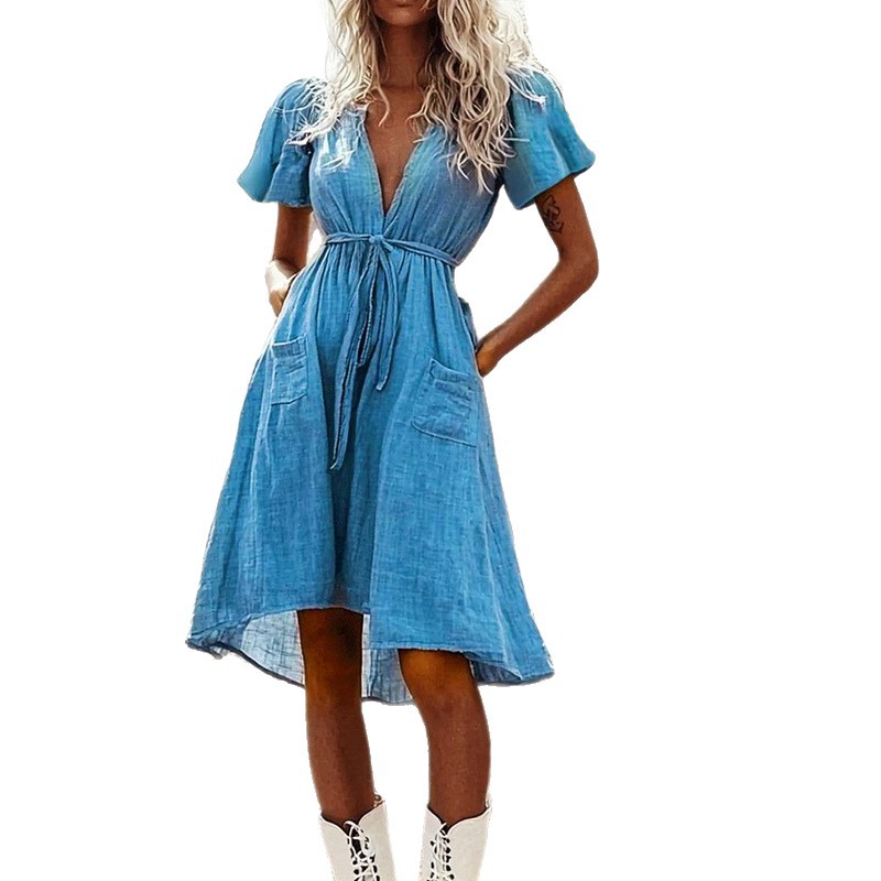 Womens Blue High-waisted Short-sleeve Lace-up Dress