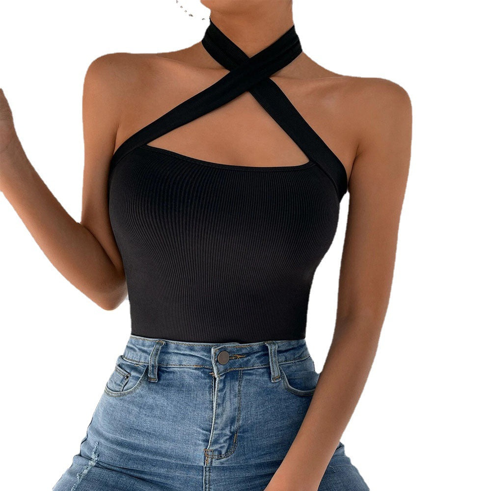 Women's Solid Color Halter Cross Small Vest Sexy Slimming Top