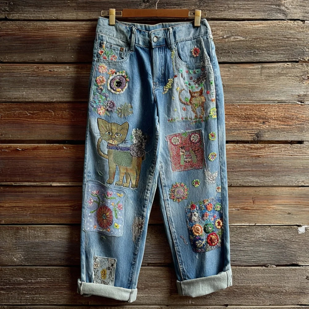 New 3D Heat-transfer Printed Flared Jeans-style Trousers In Faux Denim