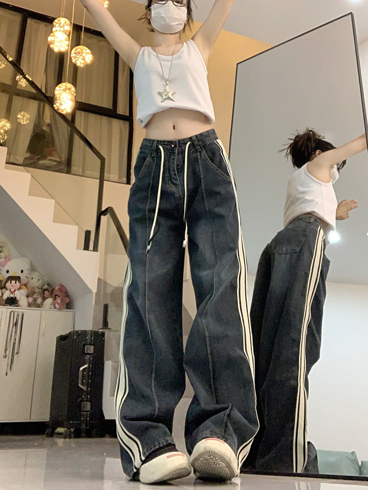 Drawstring Jeans High Waist Loose And Slimming Wide Leg Straight Pants