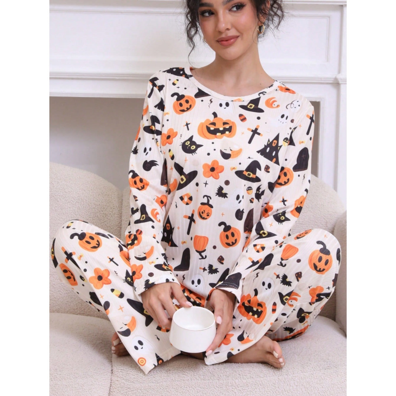 Halloween Cartoon Printed Long-sleeved Trousers Two-piece Suit Homewear