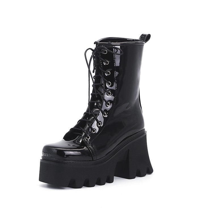 European And American Style Patent Leather Square Toe Lace-up Shoes