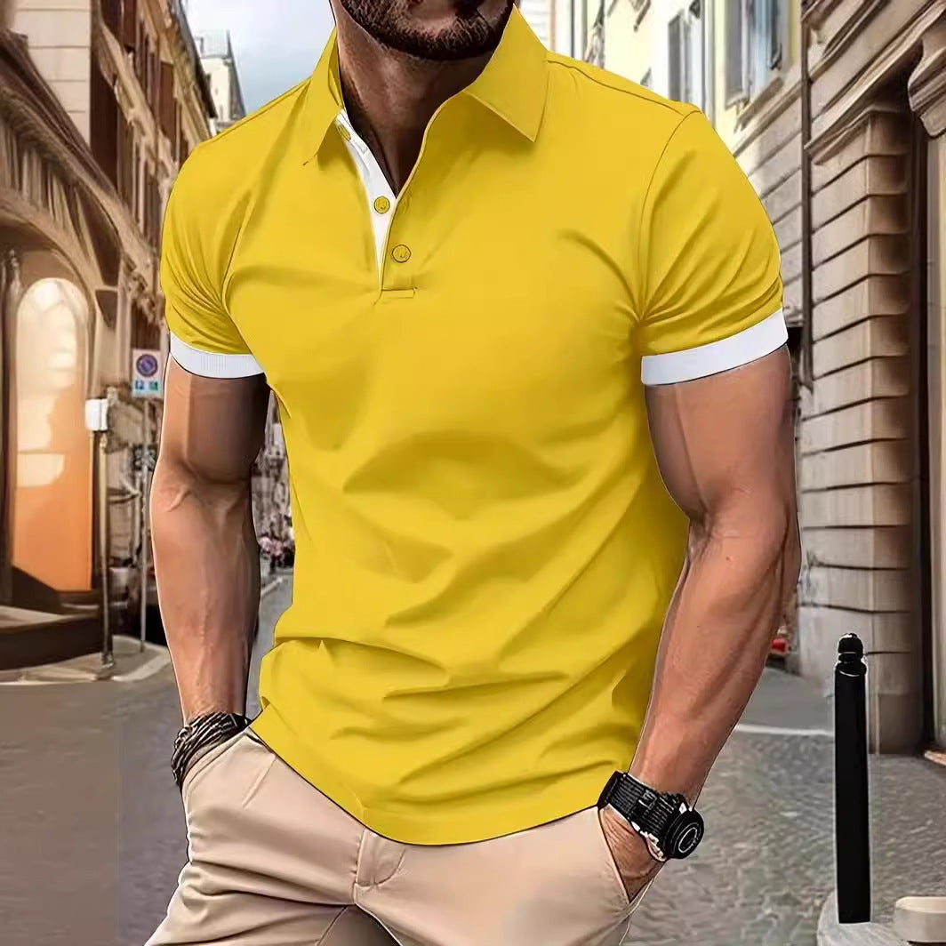 Solid Color Lapel Short Sleeve Polo Shirt Casual Loose Men 4D