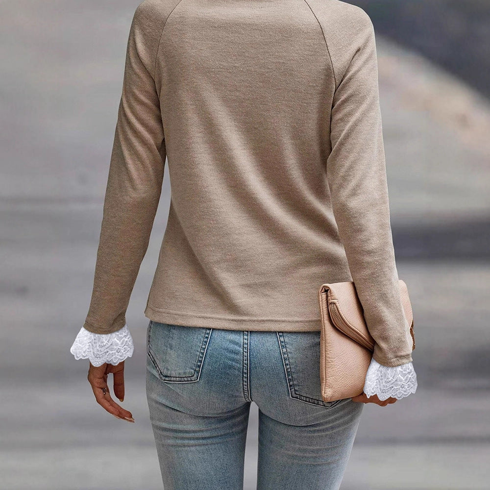 Solid-color Versatile Lace-panel Long-sleeve Top For Women