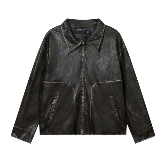 American Street Niche Loose Lapel Patchwork Leather Coat