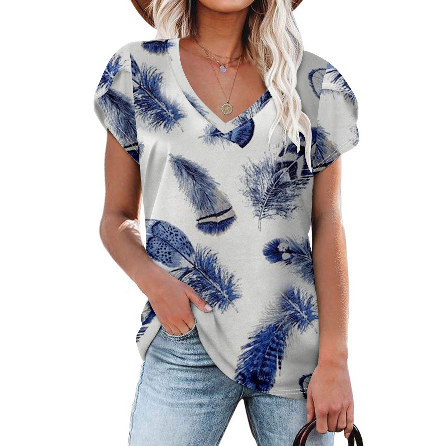 Tie Dyed Floral V-neck Loose Women's T-shirt