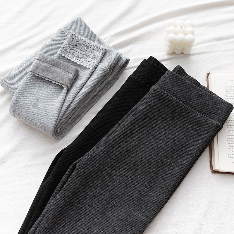 High-waisted Threaded Slim-fitting Thickened Warm Leggings