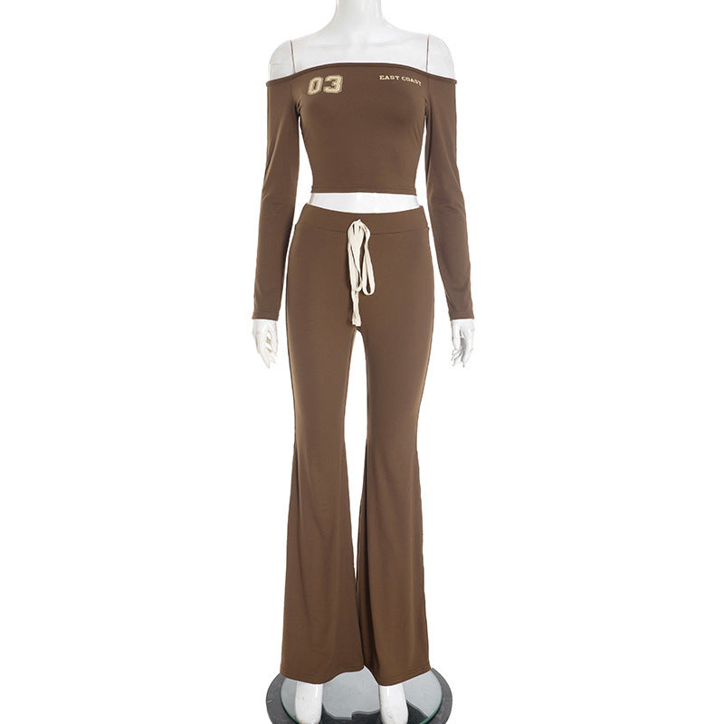 Off-shoulder Long-sleeve Top And Drawstring Wide-leg Pants Set