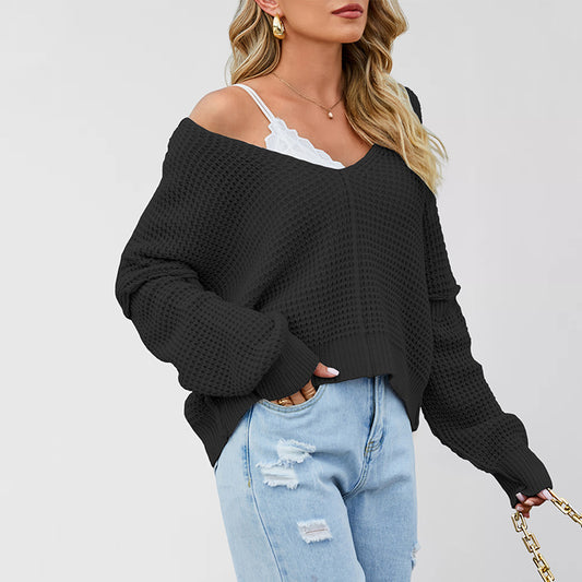 V-neck Solid Color Off-shoulder Loose Hot Sale Knitted Sweater