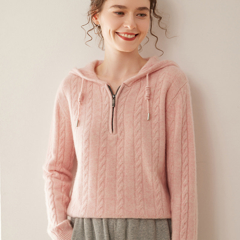 Cashmere Sweater Women's Hooded Twist Half-open Collar Sweater