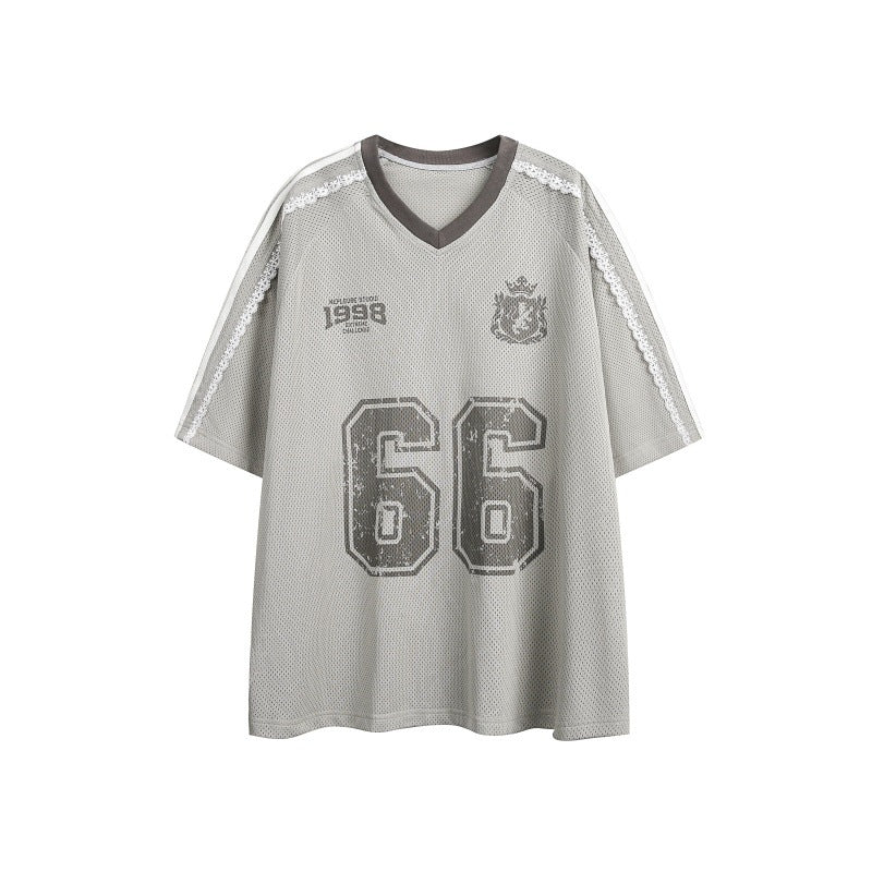 Summer Retro Distressed Contrast Color V-neck Loose All-match Sports Short Sleeve