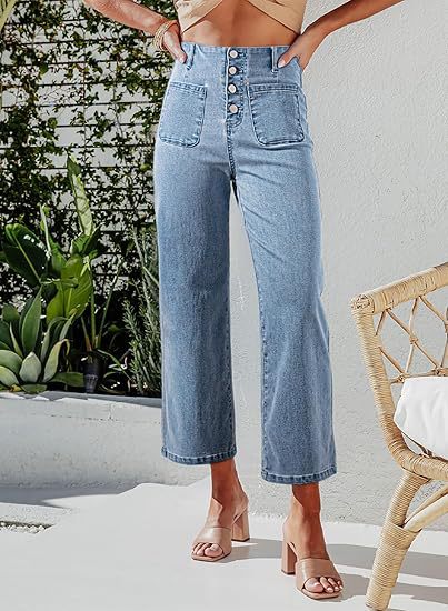 Retro Løse Lige Bukser Med Én Række Ornamenter, Høj Talje, Vide Ben, Jeans Til Kvinder