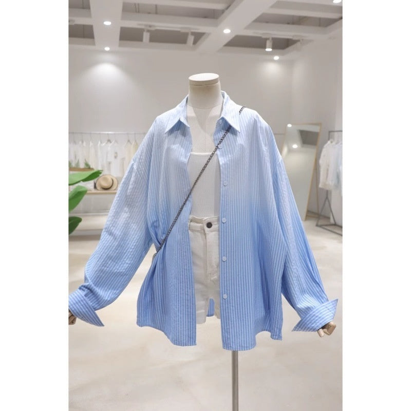Gradient Color Autumn New Loose Casual Striped Long-sleeved Shirt For Women