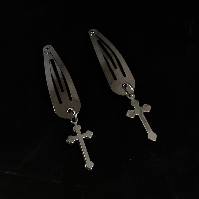 Silver Metal Edge Clip Cross Love Flower Chain Hairpin