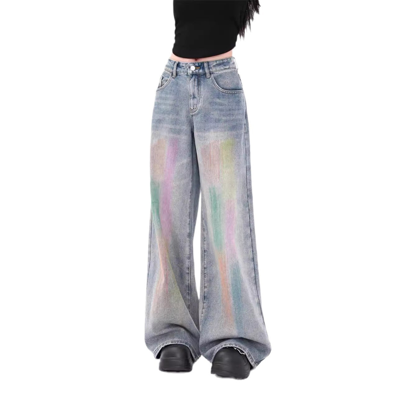 Colorful Fashion Casual Retro High Waist Loose Wide Legs Jeans