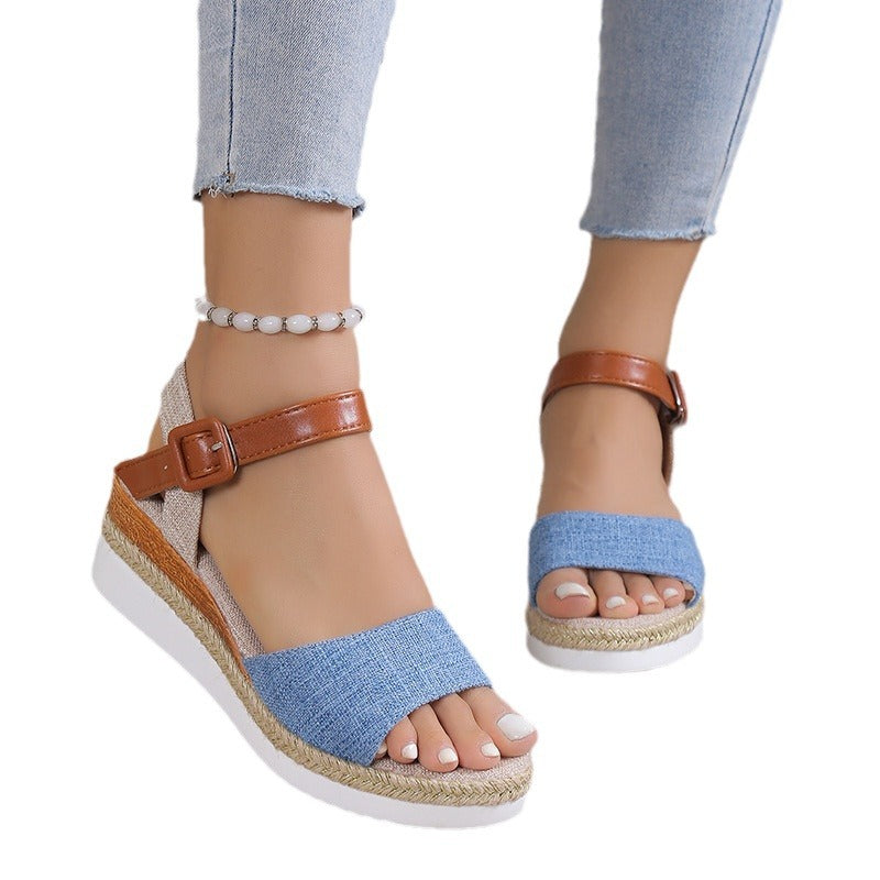 New Style Ankle-Strap Jute-Soled Lightweight Casual Fishmouth Wedge Sandals For Women