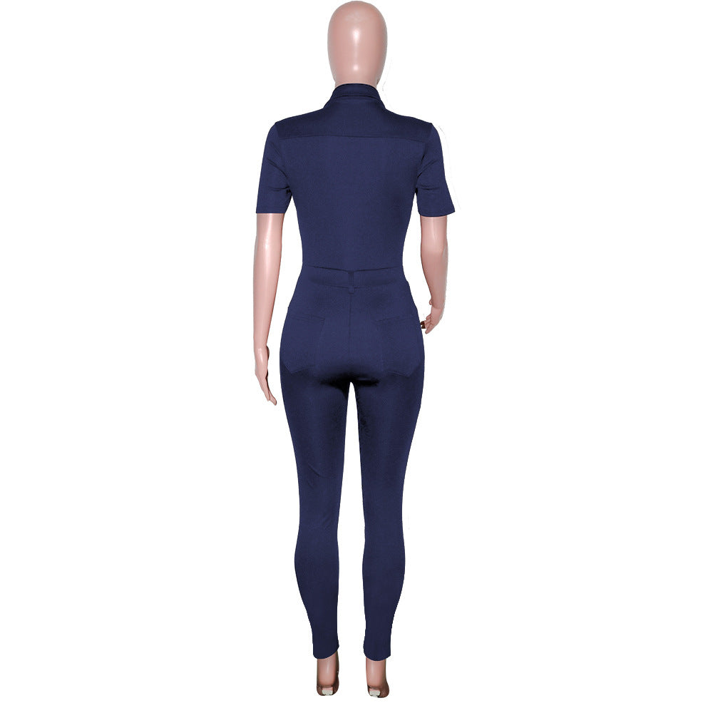 Women's Fashion Casual Solid Color Polo Collar Short-sleeved Single-breasted Jumpsuit