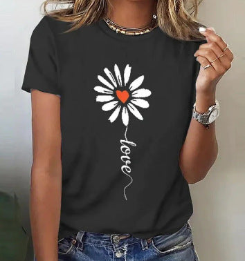 Summer Floral Print Round Neck T-shirt