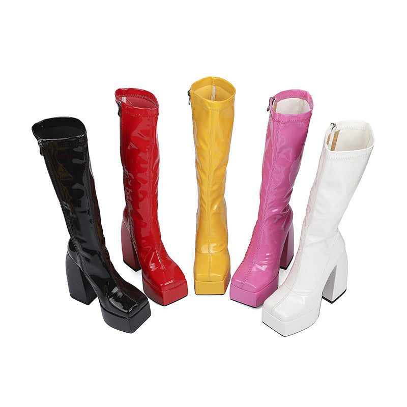 Bright Leather Side Zipper Padded Water Platform Super High Heel Boots
