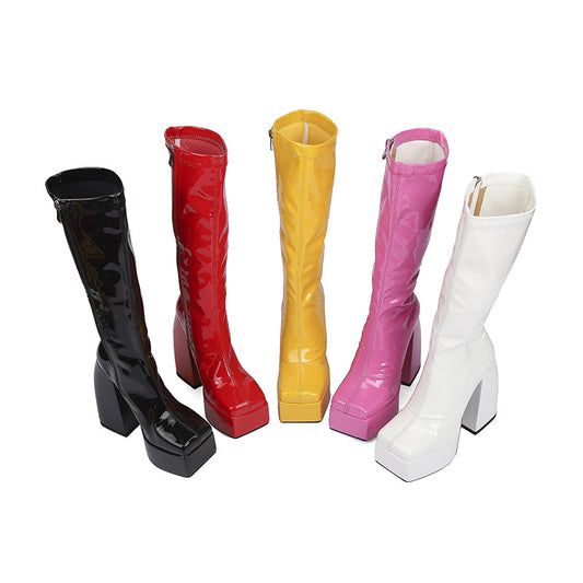 Bright Leather Side Zipper Padded Water Platform Super High Heel Boots